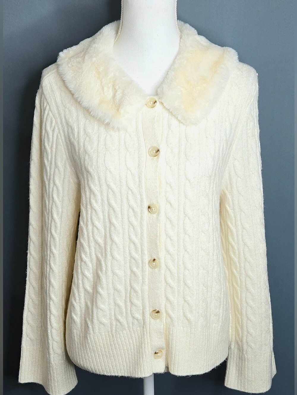 Joie Ivory Cable Knit Cardigan Removable Faux Fur Collar Soft Sweater NWOT L
